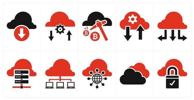 A set of 10 mix icons as cloud download, cloud settings, cloud mining in red color vector