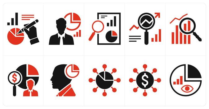 A set of 10 mix icons as bench marking, assessment expert, analytics in red color vector