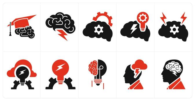 A set of 10 mix icons as active brain, brainstorming, knowledge management in red color vector