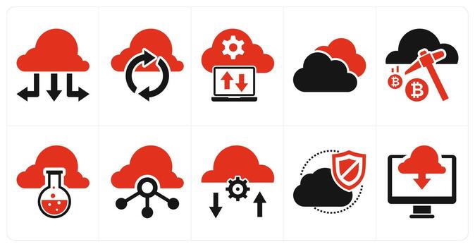 A set of 10 mix icons as cloud computing, cloud update, cloud in red color vector