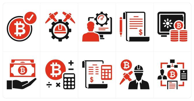 A set of 10 mix icons as bitcoin accepted, bitcoin mining, beta tester in red color vector
