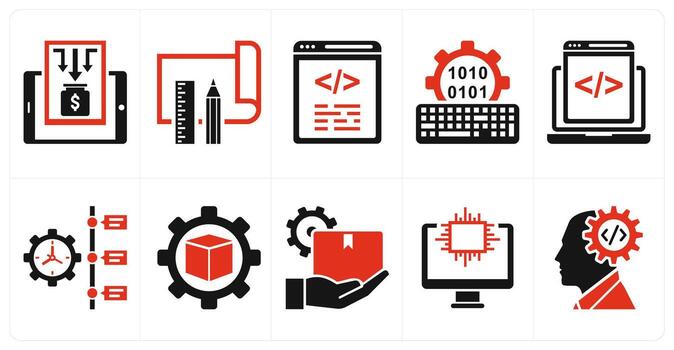 A set of 10 mix icons as project image, project development, programming in red color vector