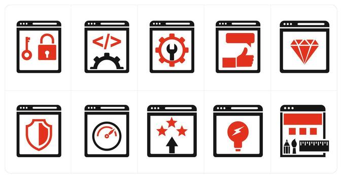 A set of 10 mix icons as website security, website development, website optimization in red color vector