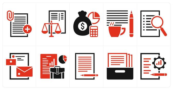 A set of 10 mix icons as attachment, balance sheet, budget in red color vector