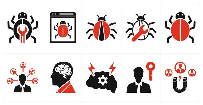 un conjunto de 10 mezcla íconos como bicho, error fijación, negocio conexión en rojo color vector