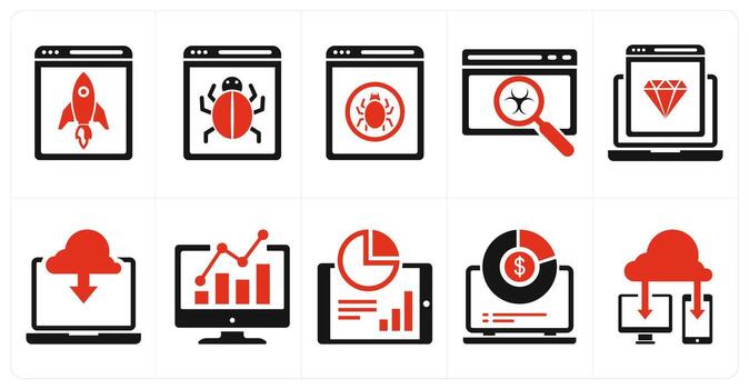 un conjunto de 10 mezcla íconos como navegador lanzamiento, error fijación, limpiar código en rojo color vector