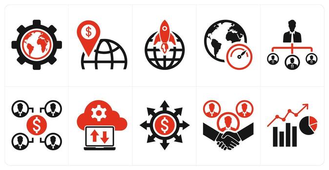 un conjunto de 10 mezcla íconos como navegador mejoramiento, negocio ley, navegador puesta en marcha en rojo color vector