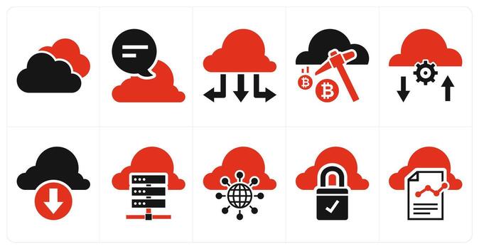 A set of 10 mix icons as cloud, cloud conversation, cloud computing in red color vector