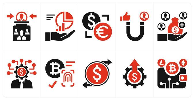 A set of 10 mix icons as crowdfunding, data presentation, currency exchange in red color vector