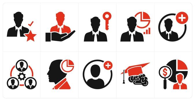 A set of 10 mix icons as best employee, autonomy employee, authentication in red color vector