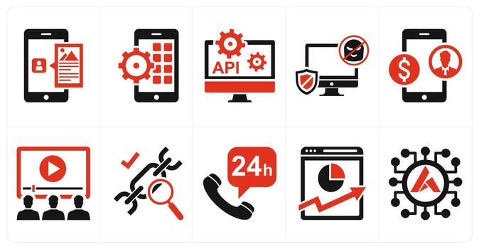 A set of 10 mix icons as application, app development, api configuration in red color vector