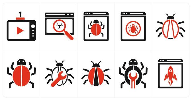 A set of 10 mix icons as broadcast, bug fixing, bug in red color vector
