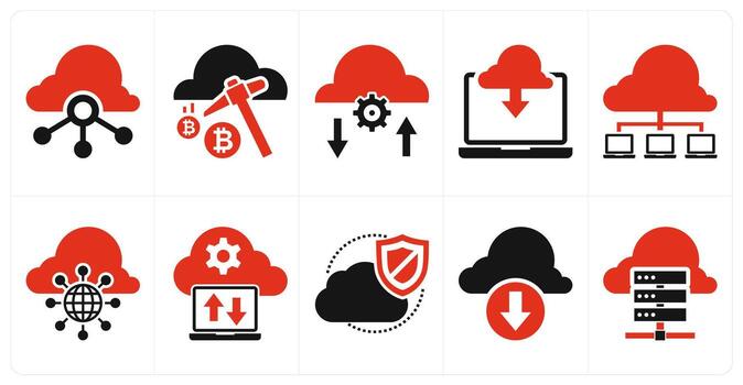 A set of 10 mix icons as cloud network connectivity, cloud mining, cloud settings in red color vector