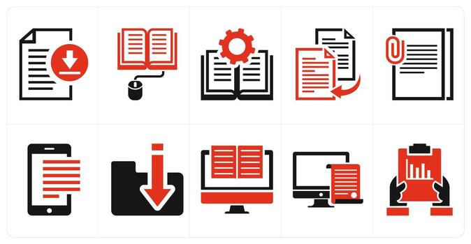 un conjunto de 10 mezcla íconos como descargar contenido, mi libros, mi libro ajustes en rojo color vector