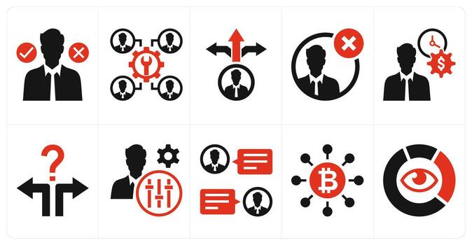 A set of 10 mix icons as decision making, development of staff, decision making in red color vector