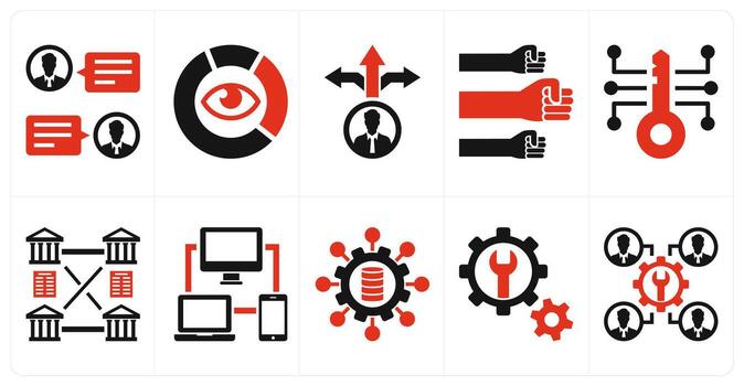 A set of 10 mix icons as discussion, data visulization, decision making in red color vector