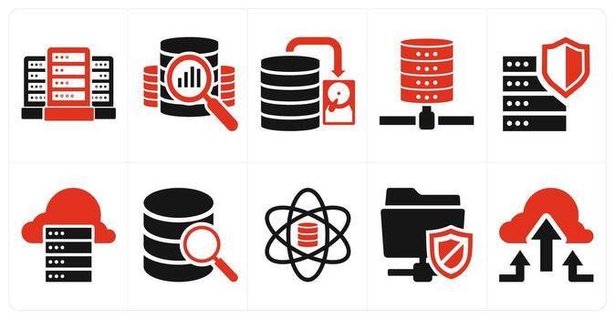 A set of 10 mix icons as database server, database assessment, database in red color vector