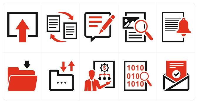 A set of 10 mix icons as file upload, file transfer, feedback writing in red color vector