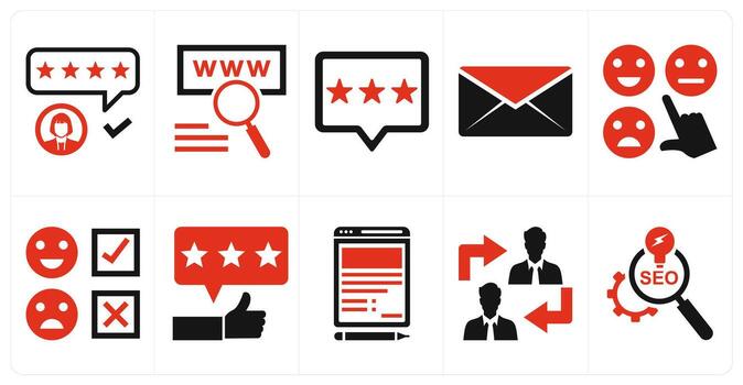 A set of 10 mix icons as feedback, find web address, envelope in red color vector