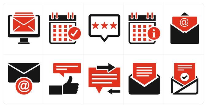 A set of 10 mix icons as email receive, event, feedback in red color vector