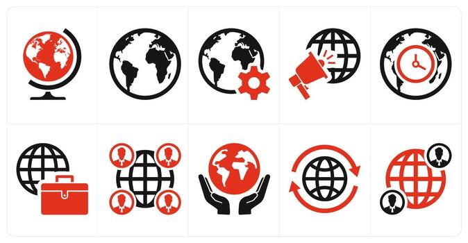 A set of 10 mix icons as globe, global engineering, global marketing in red color vector