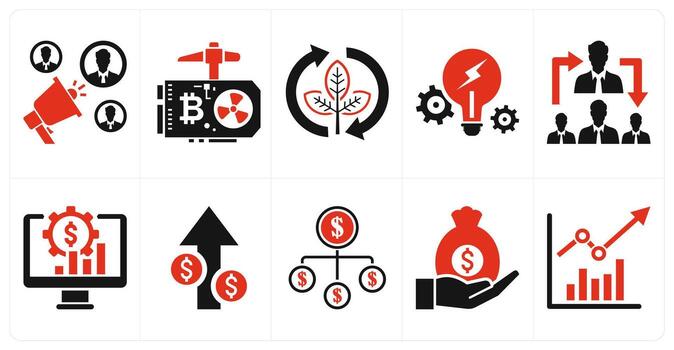 A set of 10 mix icons as general solicitation, gpu mining, green cycle in red color vector