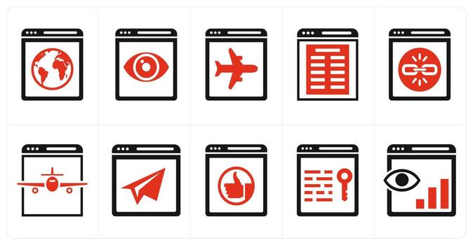 A set of 10 mix icons as internet browsing, impressions, landing page in red color vector