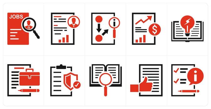 A set of 10 mix icons as job search, job description, information retrieval in red color vector