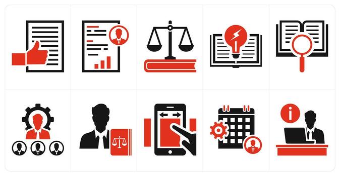 A set of 10 mix icons as liked document, job description, legal issue in red color vector