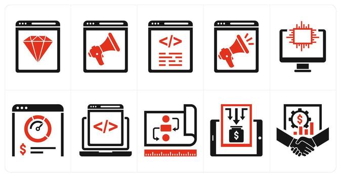 A set of 10 mix icons as quality, promotion, programming in red color vector