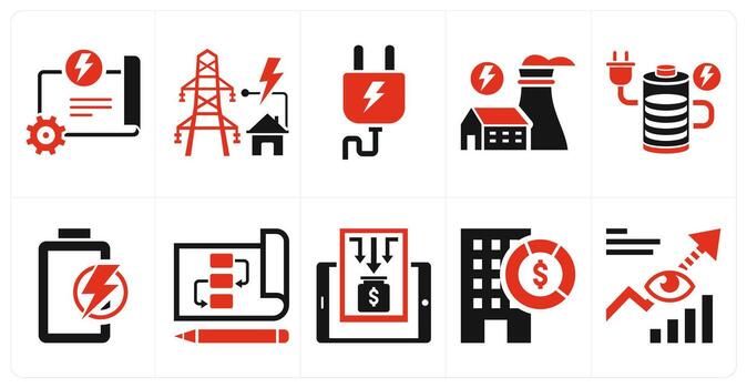 A set of 10 mix icons as power plan, power grid, power tools in red color vector