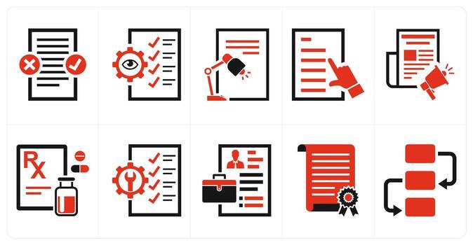 A set of 10 mix icons as proofreading, quality control, reading in red color vector