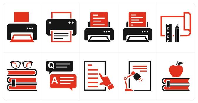 A set of 10 mix icons as printer, project development, reading in red color vector
