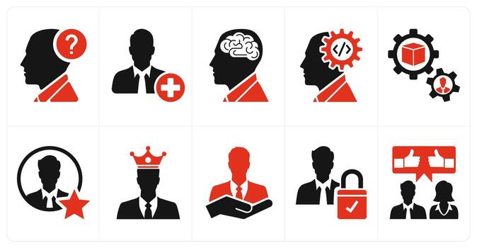 A set of 10 mix icons as question, add user, psychotherapy in red color vector