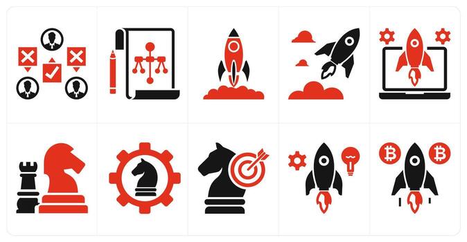 A set of 10 mix icons as stand point, structure, launch in red color vector