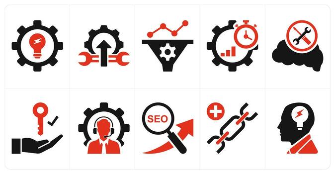 A set of 10 mix icons as solution, settings, seo conversion rate in red color vector