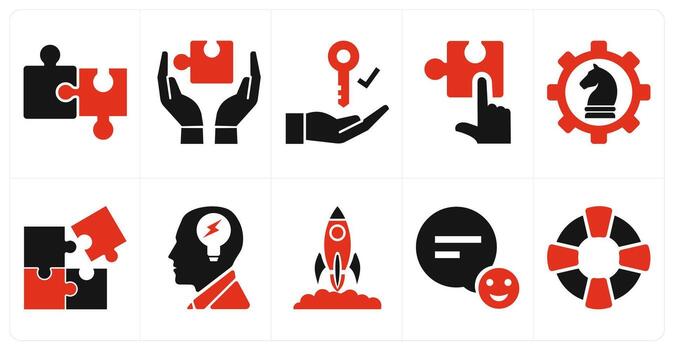 A set of 10 mix icons as solution, solution provider, strategic management in red color vector