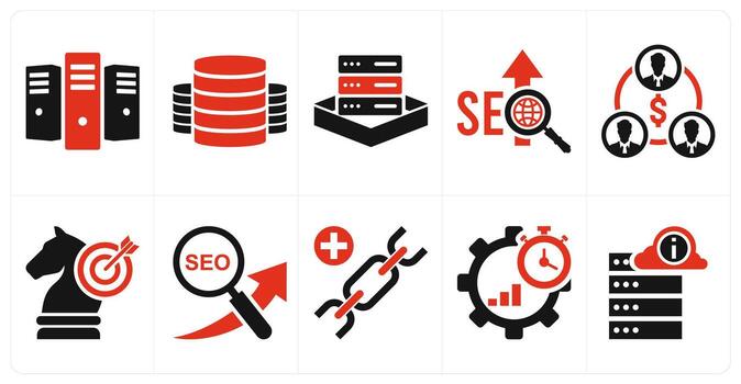 A set of 10 mix icons as server provisioning, server, seo in red color vector