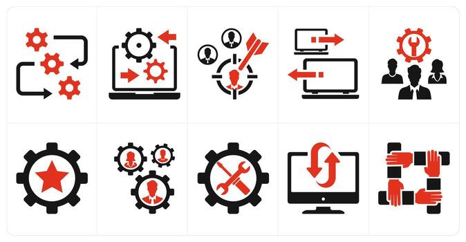 A set of 10 mix icons as system rectification, system integration, target audience in red color vector