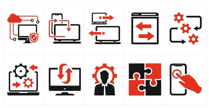 A set of 10 mix icons as technology, synchronize, system sharing in red color vector
