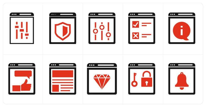 un conjunto de 10 mezcla íconos como web configuración, sitio web seguridad, página web ajustes en rojo color vector