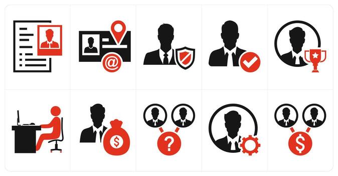 A set of 10 mix icons as user profile, visiting card, user security in red color vector