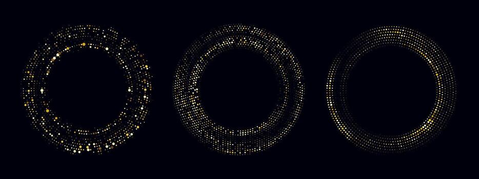 Golden halftone frames with abstract dot pattern and radial light design. Elegant background in gold tones with glitter elements and circular symmetry. vector