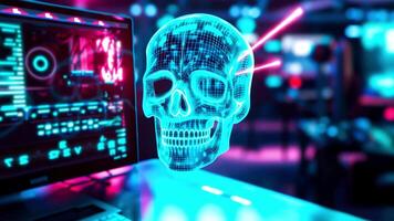 lysande neon skalle framväxande från dator skärm i mörk cyber labb miljö. begrepp av Cybersäkerhet hot, digital dataintrång, tech noir estetisk, och trogen visuell video