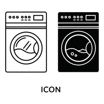 Art of modern front load washing machine icon with a circular door and control panel, isolated on white background vector