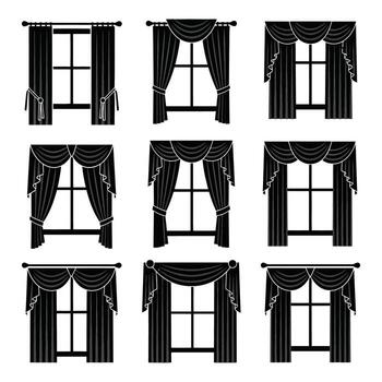 Art of collection of seven black pillow and cushion silhouettes isolated on a white background, showcasing various shapes and sizes for design elements vector