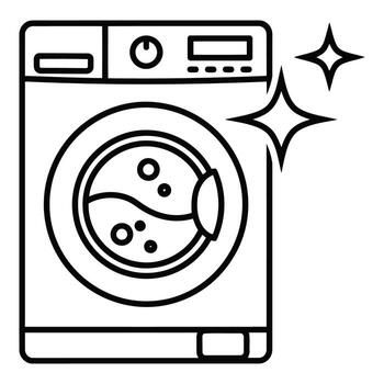 Art of set of four washing machine icons, two in outline and two in solid black, showcasing frontloading designs for laundry and home appliances vector
