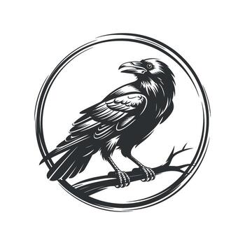 Detailed Monochrome Illustration of a Raven Perched on a Branch, Encapsulated in a Circular Frame Against a Transparent Background, Symbolizing Wisdom vector