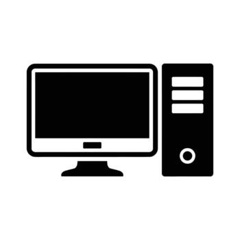 Black silhouette shows a classic desktop computer with a monitor and tower on white background vector