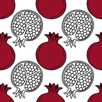 sin costura modelo de estilizado granadas, presentando alterno todo rojo frutas y negro y blanco secciones transversales, creando un vibrante y contrastando diseño ideal para festivo fondos... vector